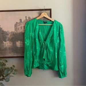 Topshop Green Puff Sleeve Blouse with Tie Front